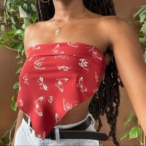 Red Butterfly Print Silk Scarf Top✨